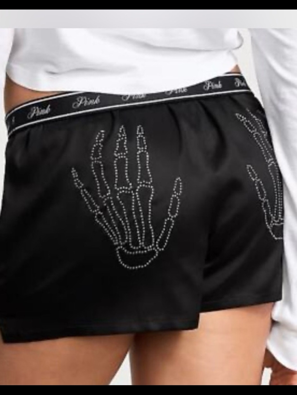PINK Victoria's Secret Black Satin Sleep Shorts with Rhinestone Skeleton Hands